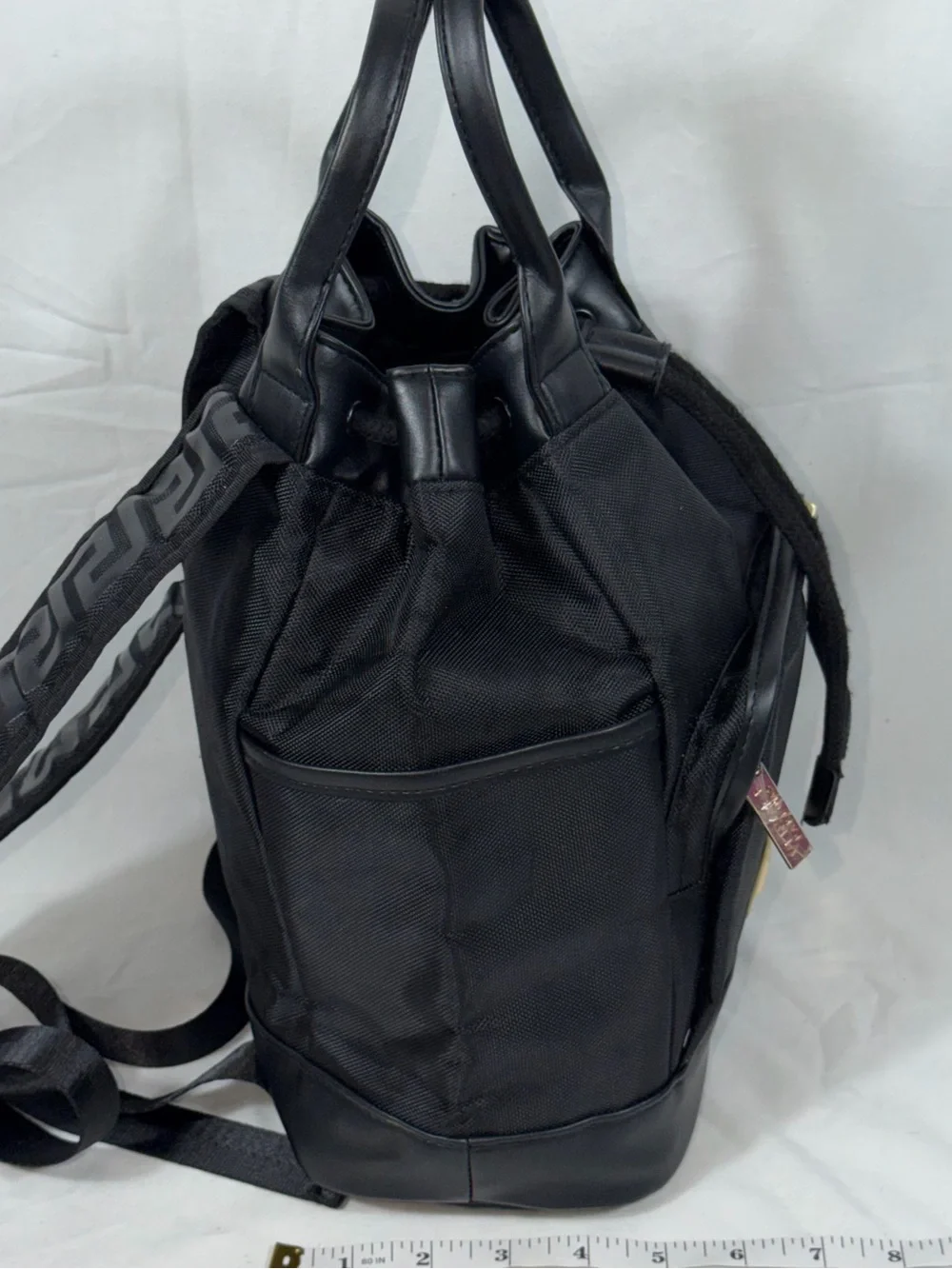 Versace Parfums Black Nylon Backpack Gold Logo NWOT Cinch Drawstring Travel Bag